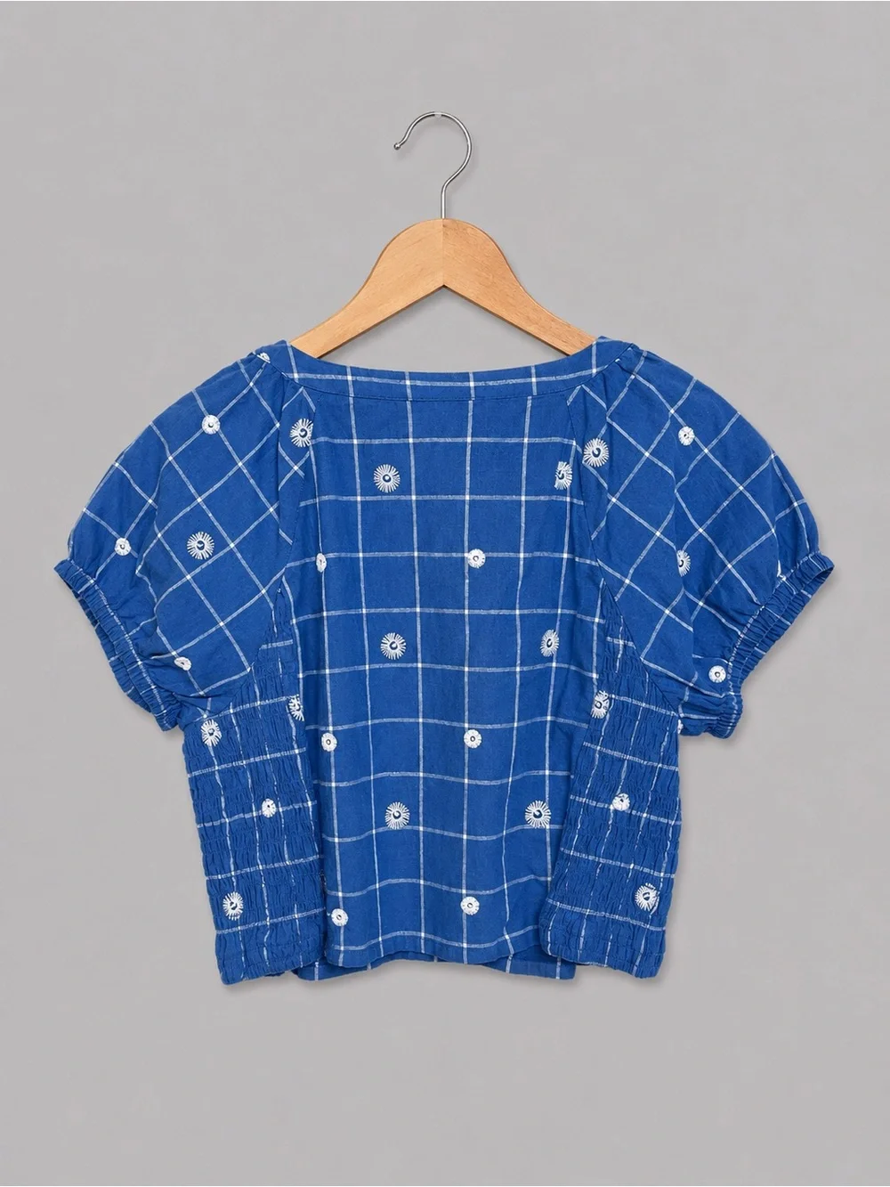 Madewell Blue Embroidered Plaid Puff Sleeve Smocked Top Size 10